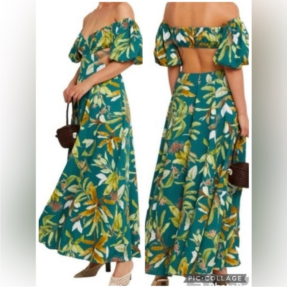 Off-Shoulder Green Linen Blend Cut Out Maxi Dress